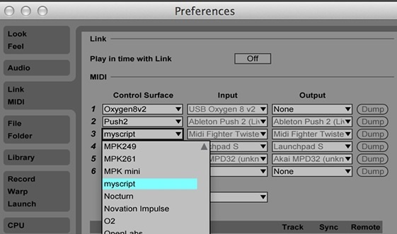 Ableton preferences control surface select