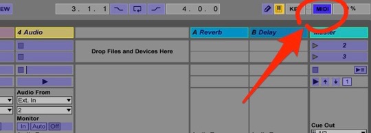 the midi activation button selected inside Ableton Live, all mappable controls displaying blue