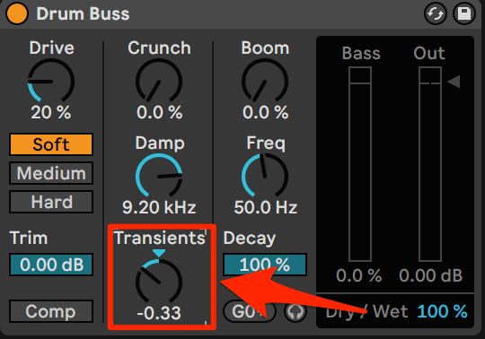 Drum buss audio device with transients knob highlighted